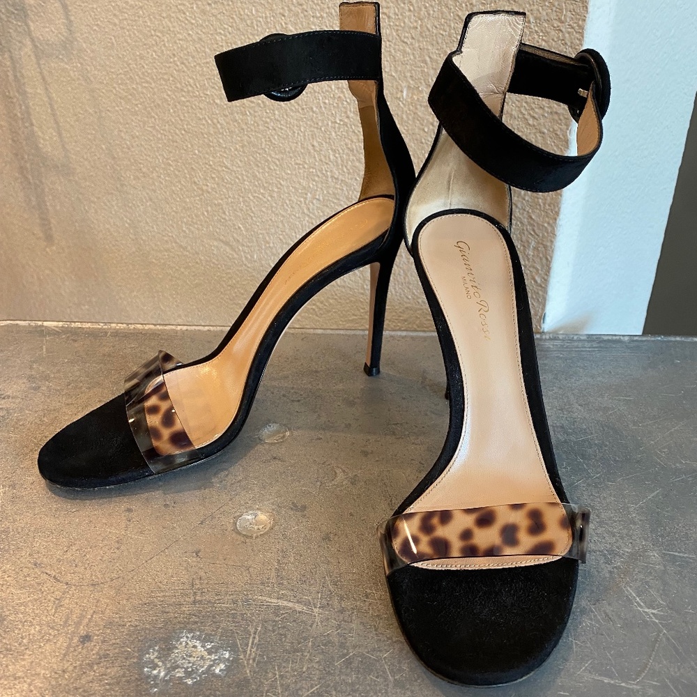 Gianvito Rossi Stella 85 Suede and Leopard-Print PVC Sandal Heels